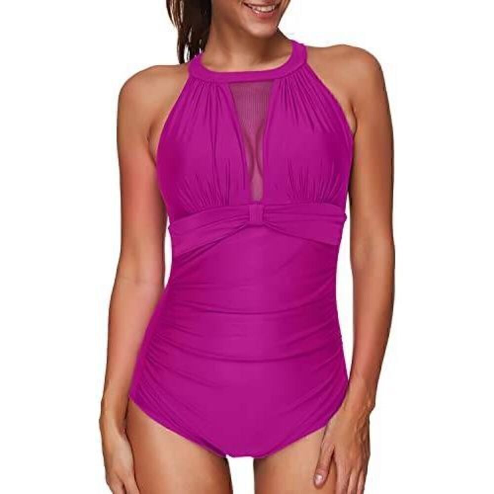 Tempt Me Size Large Elegant Tummy Control Mesh Plunge Neck One Piece Swimsuit